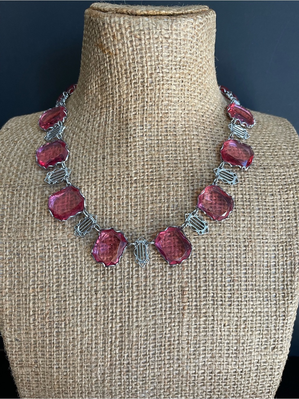 Vintage silver tone filigree hot pink faceted glass necklace.